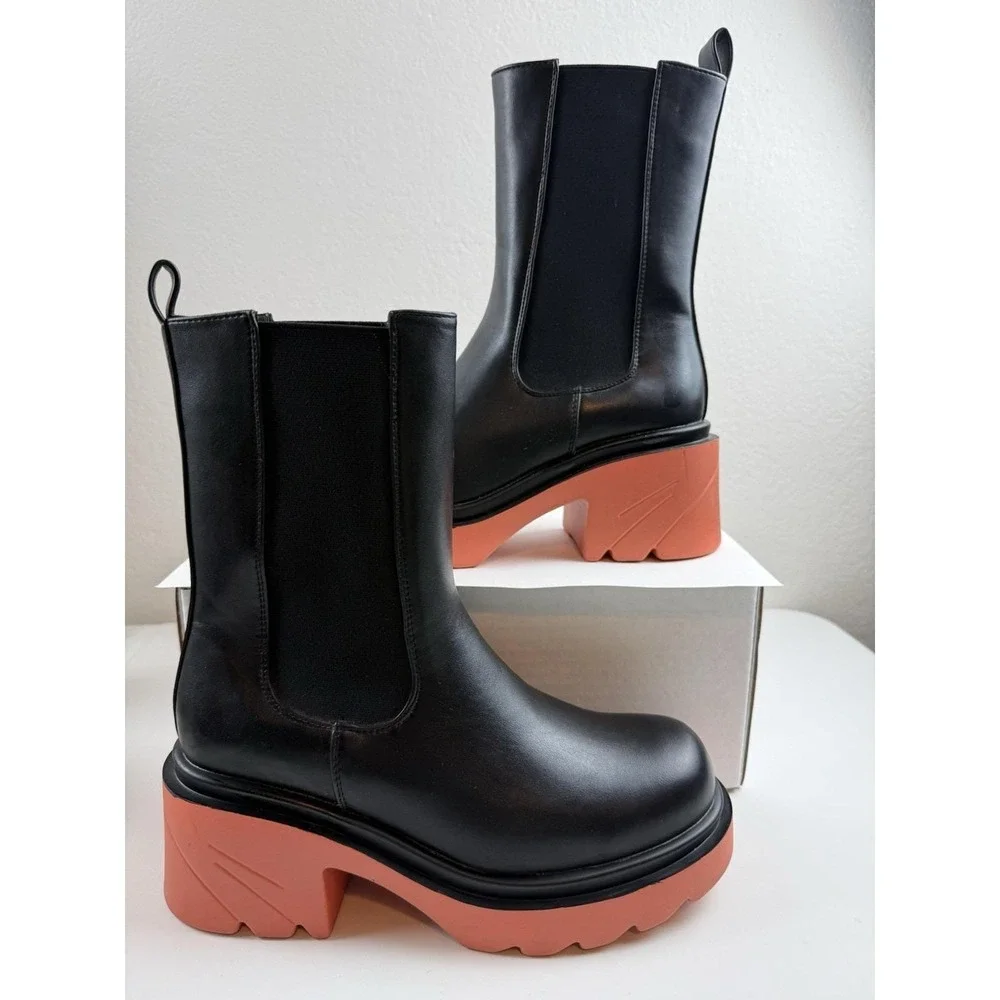 Vivianly Black Chelsea Boot Lug Sole Platform Chunky Heel Slip On Boot Sz 38/7.5